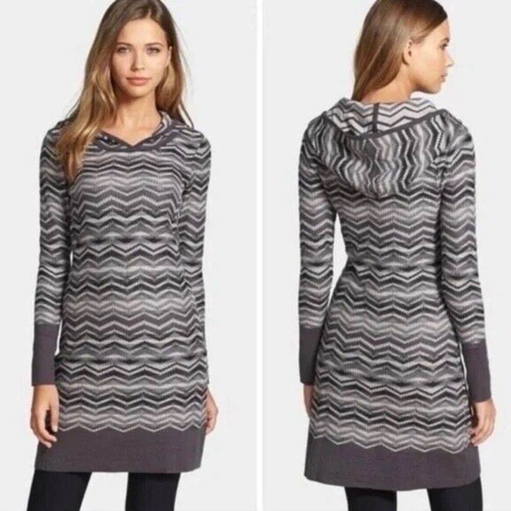 Prana Meryl Hooded Sweater Dress Womens Sz Large Gray Black Chevron Long Sleeve